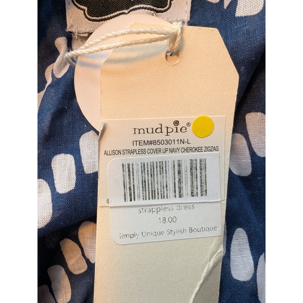 Mud Pie Navy Blue & White Cherokee ZigZag Allison Strapless Cover-Up Large New - Picture 7 of 8